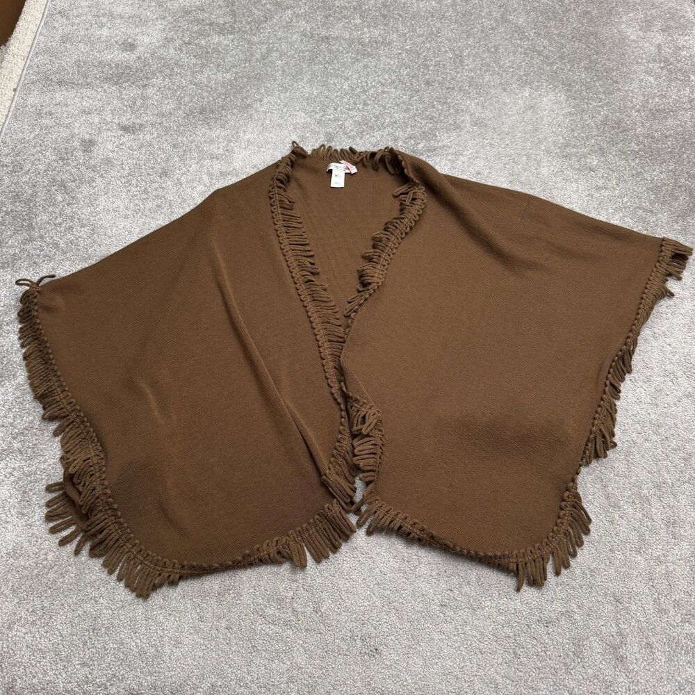 Coldwater Creek Knit Fringe Cape Poncho Sweater Wrap Shawl Womens One Size Brown
